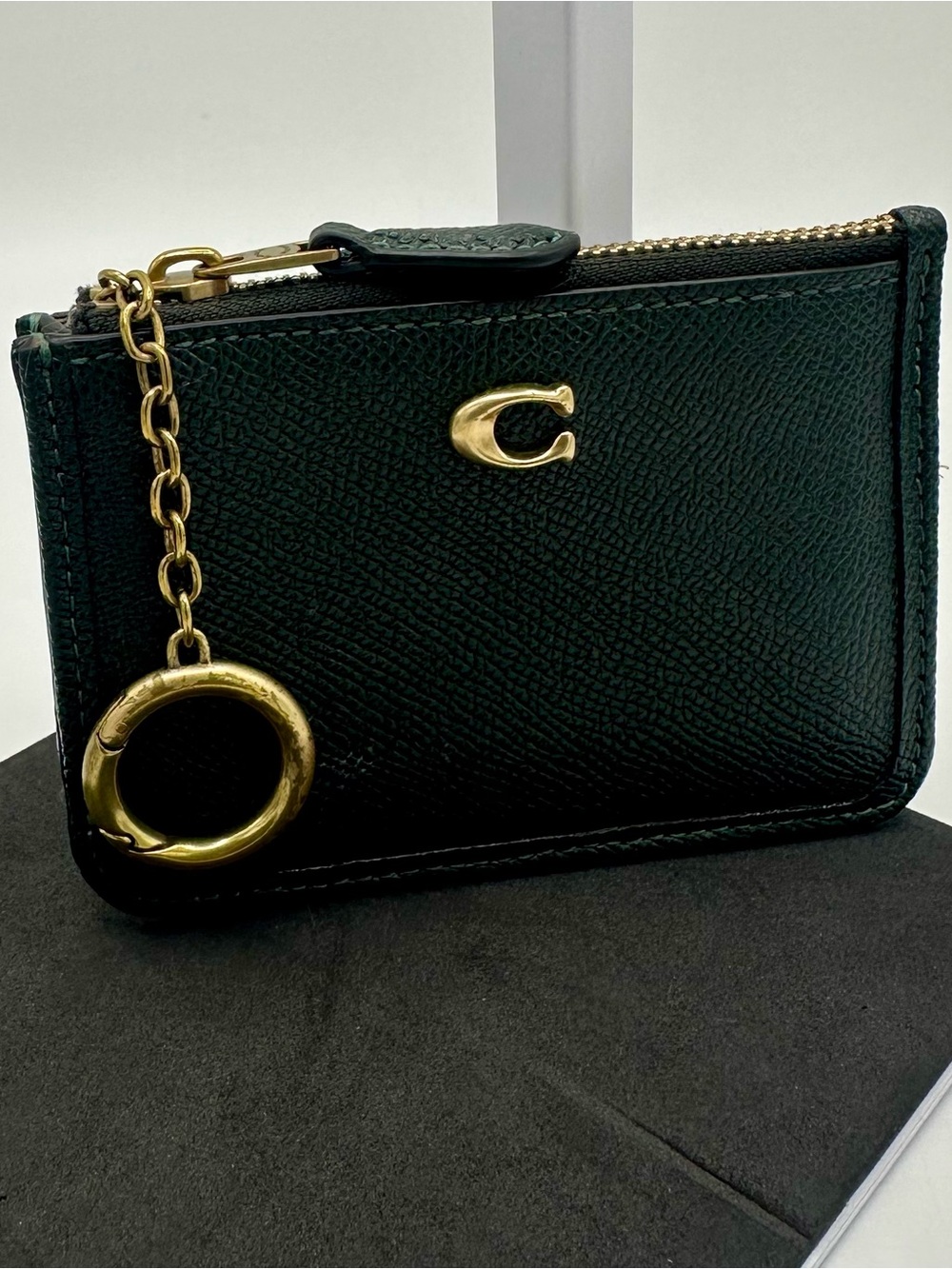 Coach Essential Mini ID Card Case CR550 Green Pebble Leather Key Ring Wallet